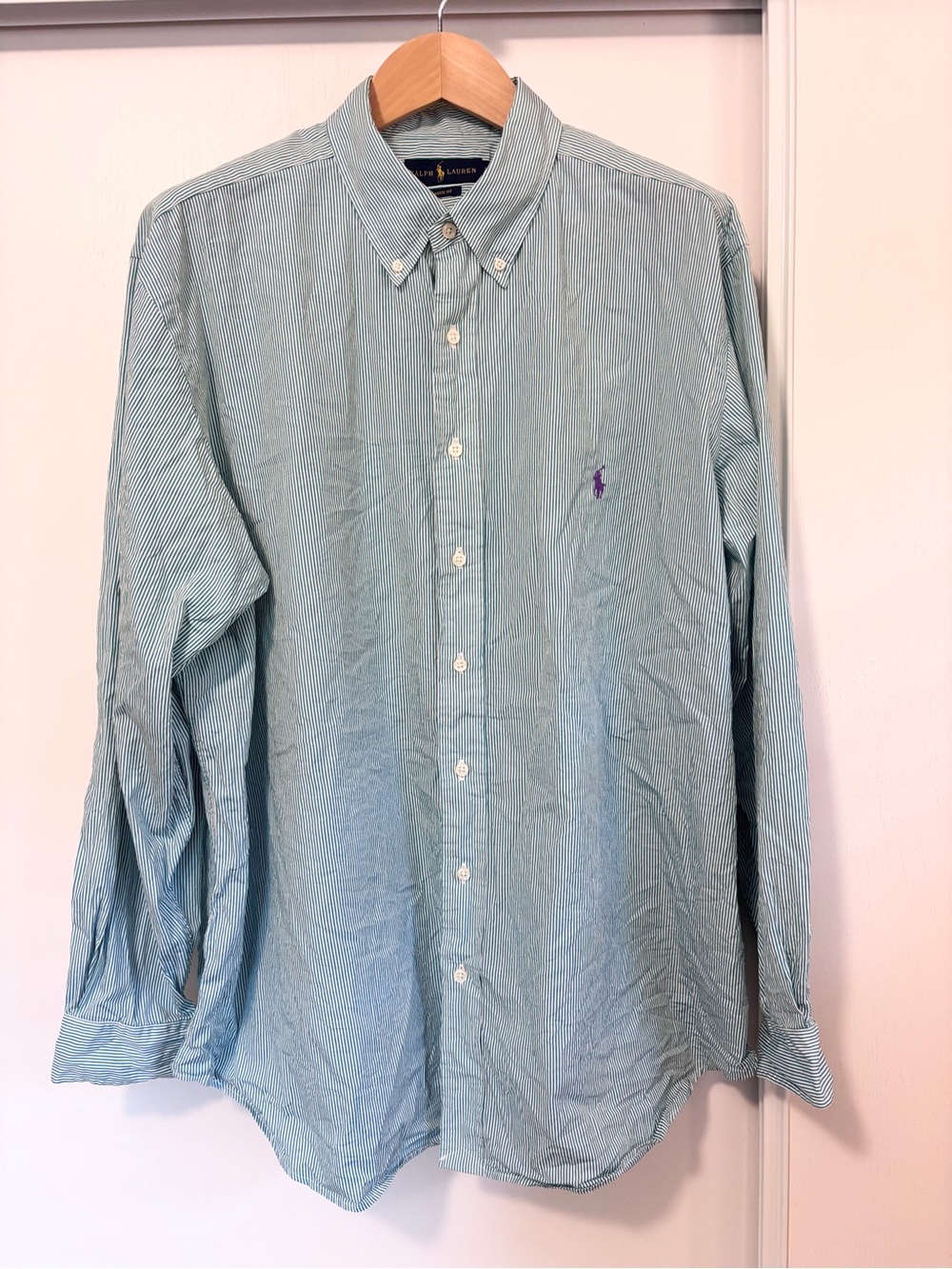 Ralph Lauren Mens Button Down Dress Shirt Size 2XB Neck 18 Green White Stripes